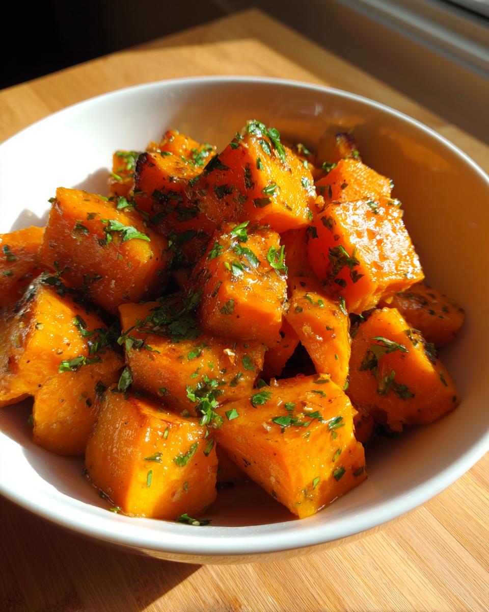Bowl of Garlic Butter Sweet Potatoes, garnished with fresh herbs, sitting on a wooden surface.