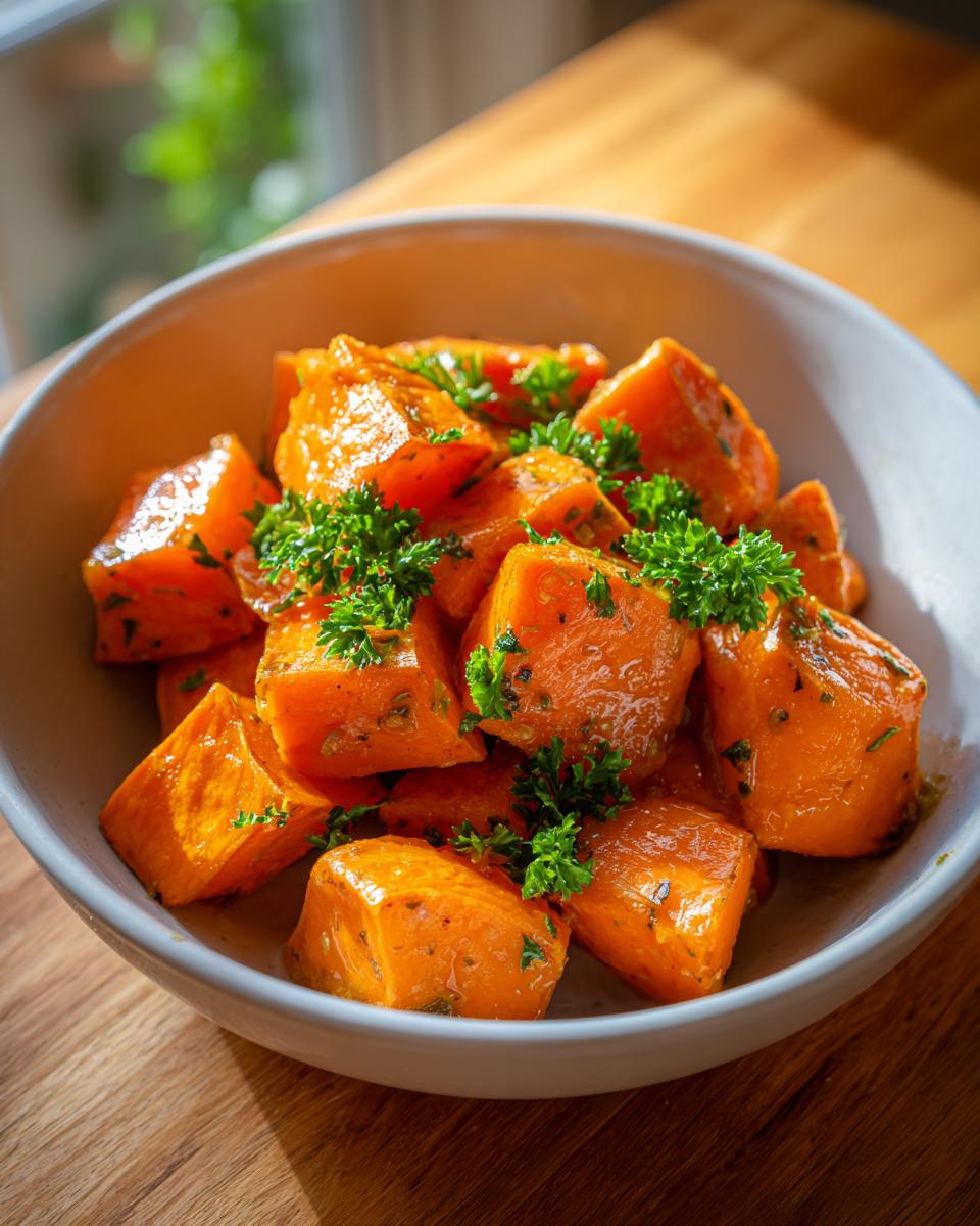 A bowl of cubed Garlic Butter Sweet Potatoes, garnished with fresh parsley, sits on a wooden surface.