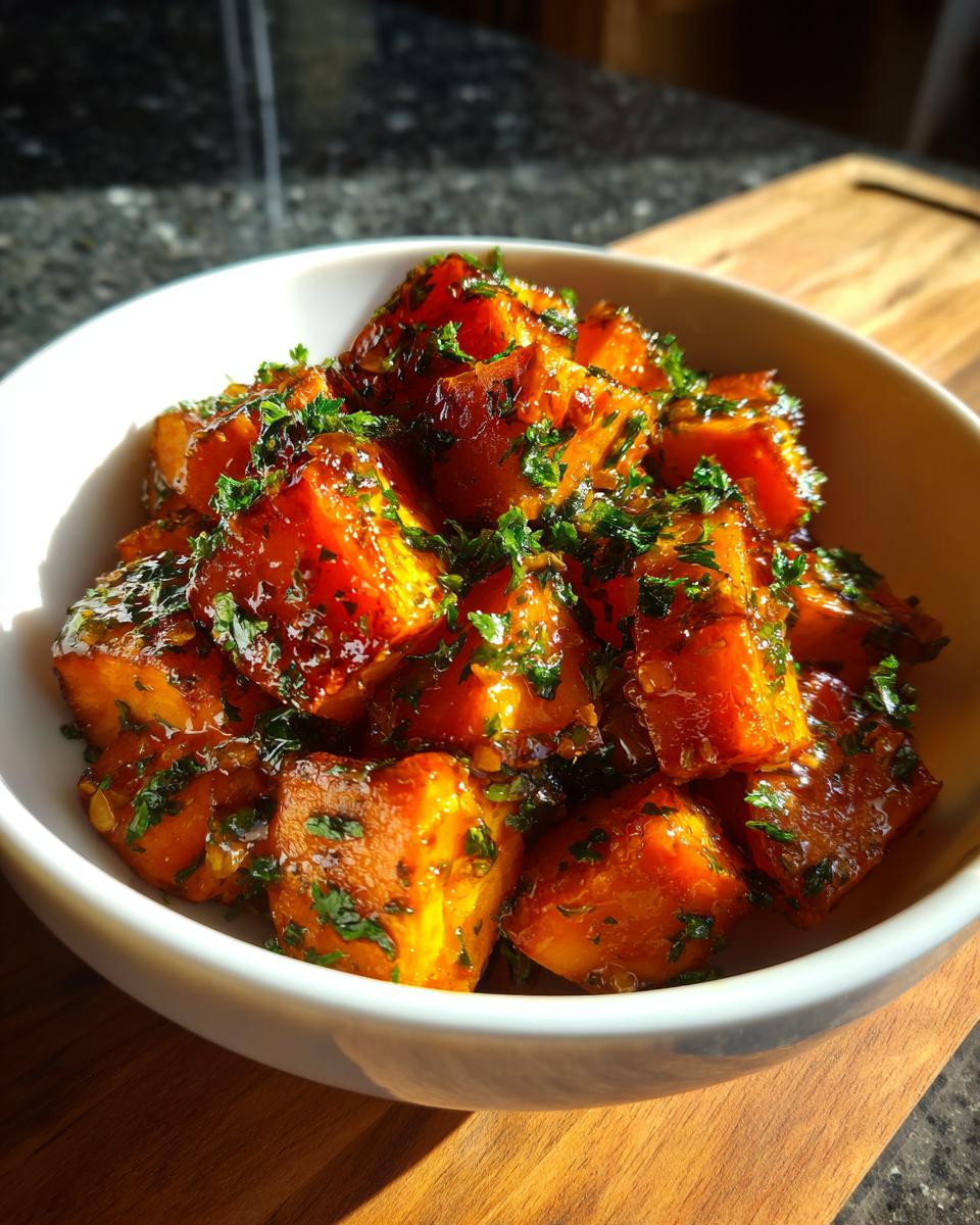 Close-up of Garlic Butter Sweet Potatoes in a white bowl, garnished with fresh parsley.