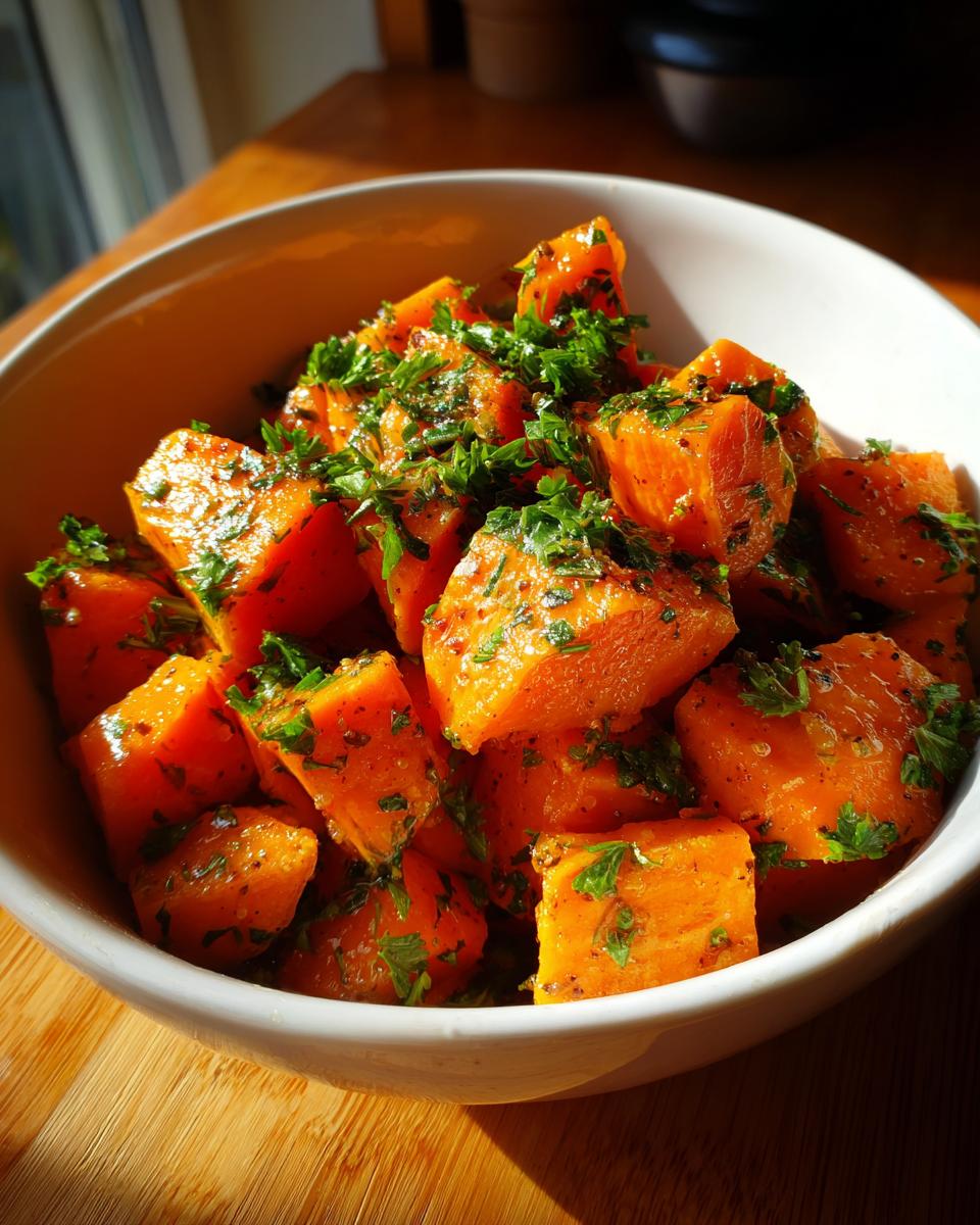 Close-up of Garlic Butter Sweet Potatoes in a white bowl, garnished with fresh herbs.
