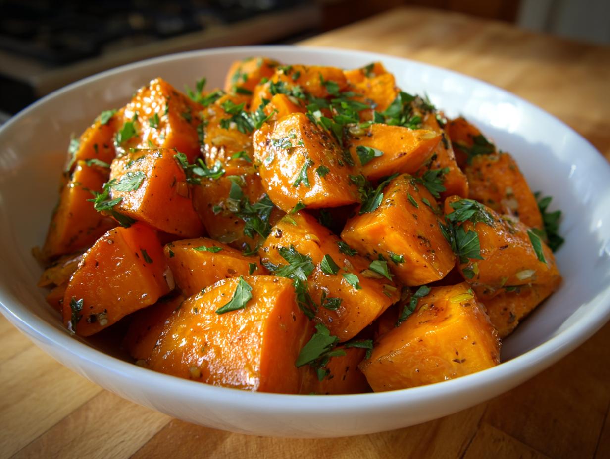 A bowl of glistening Garlic Butter Sweet Potatoes, garnished with fresh parsley, ready to serve.