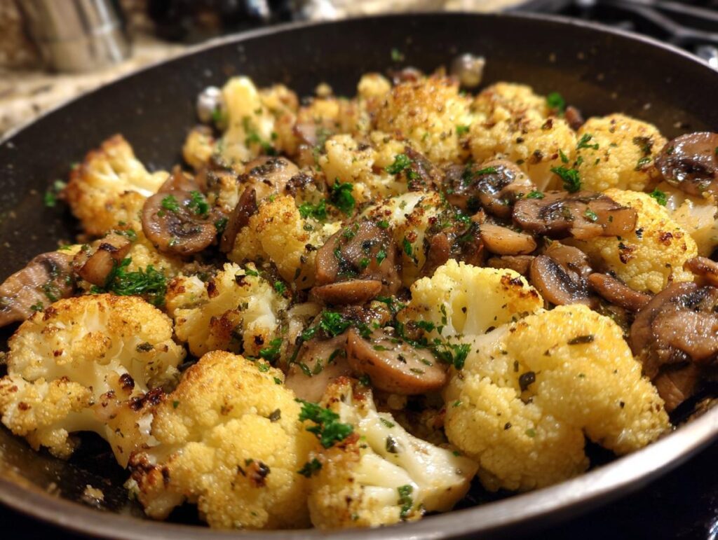 Close up of Garlic Cauliflower Mushroom Skillet with herbs in a dark pan.