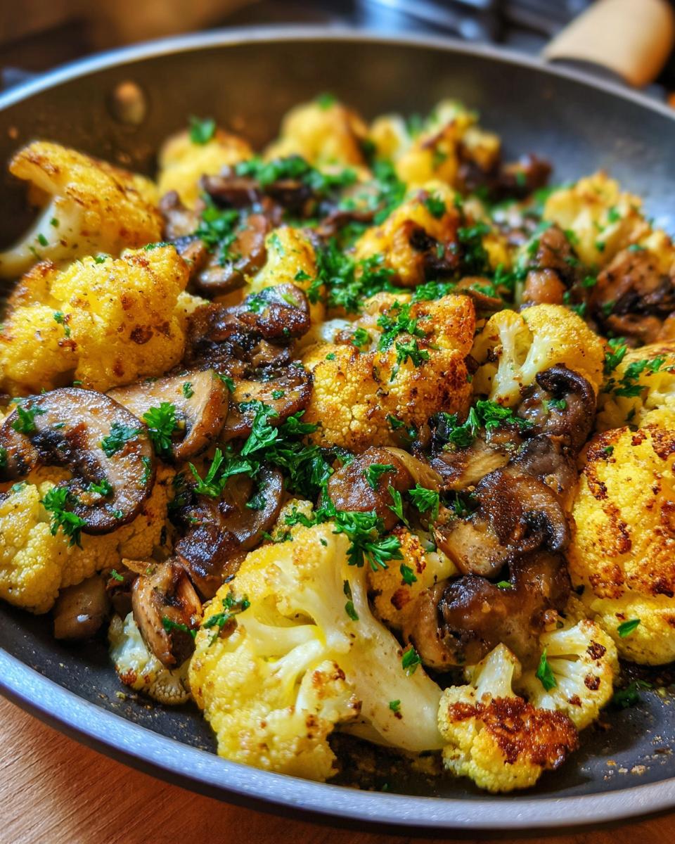 Close-up of Garlic Cauliflower Mushroom Skillet in a pan, garnished with fresh parsley.