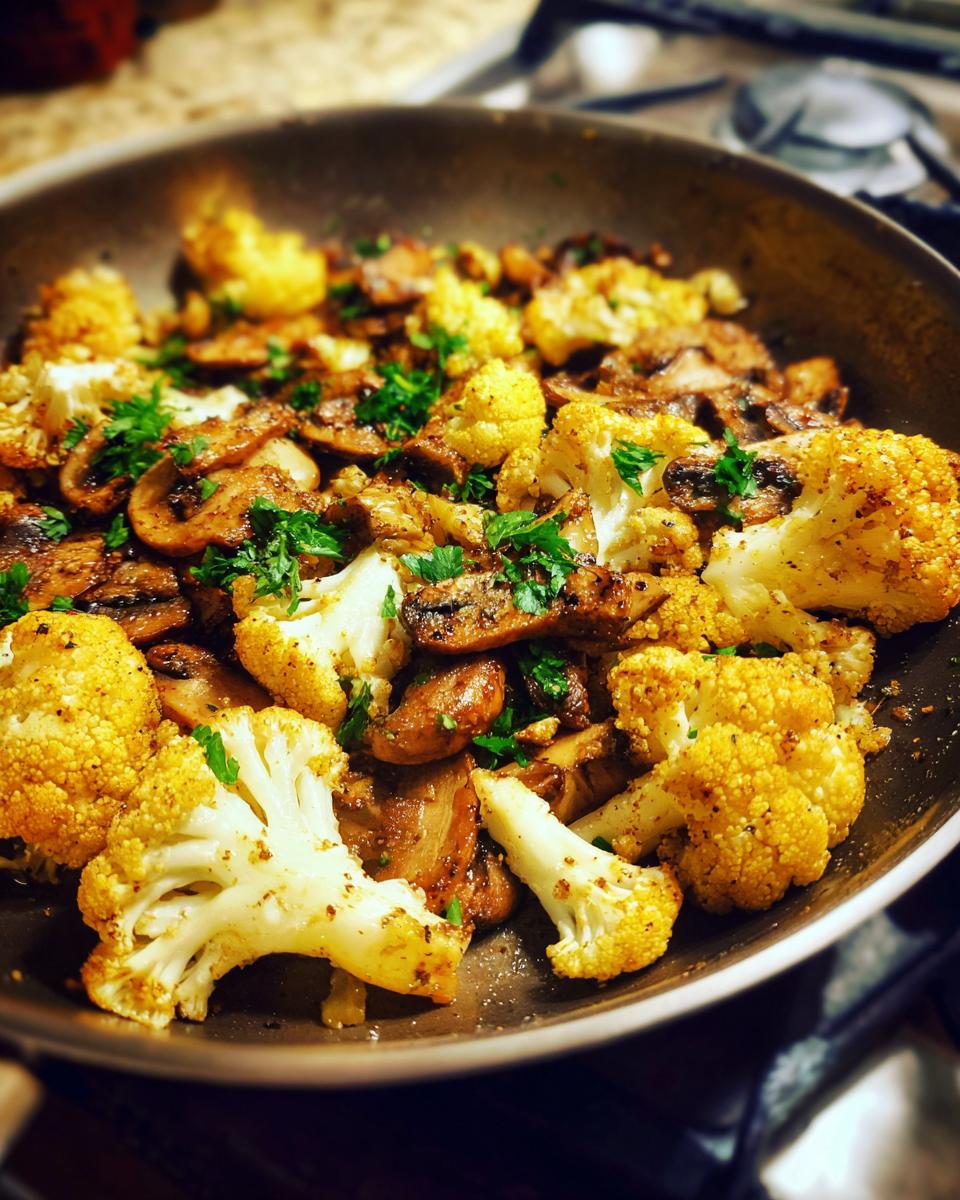 Close-up of Garlic Cauliflower Mushroom Skillet, garnished with fresh parsley in a skillet.