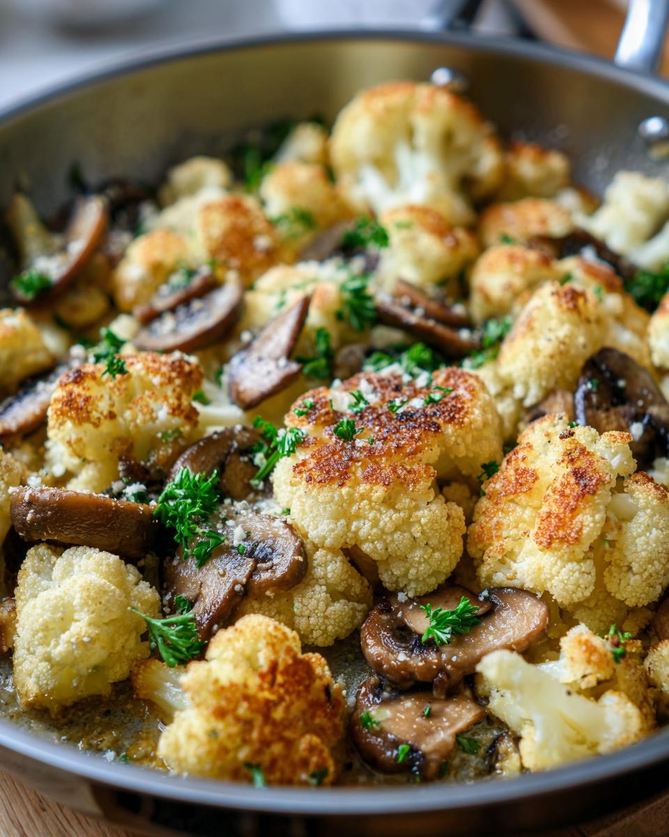 Close-up of a Garlic Cauliflower Mushroom Skillet, showing roasted cauliflower, mushrooms, and garlic.