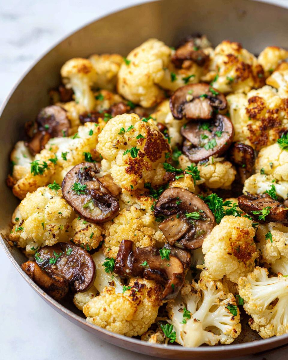 Close-up of Garlic Cauliflower Mushroom Skillet with roasted cauliflower, mushrooms, and fresh parsley.