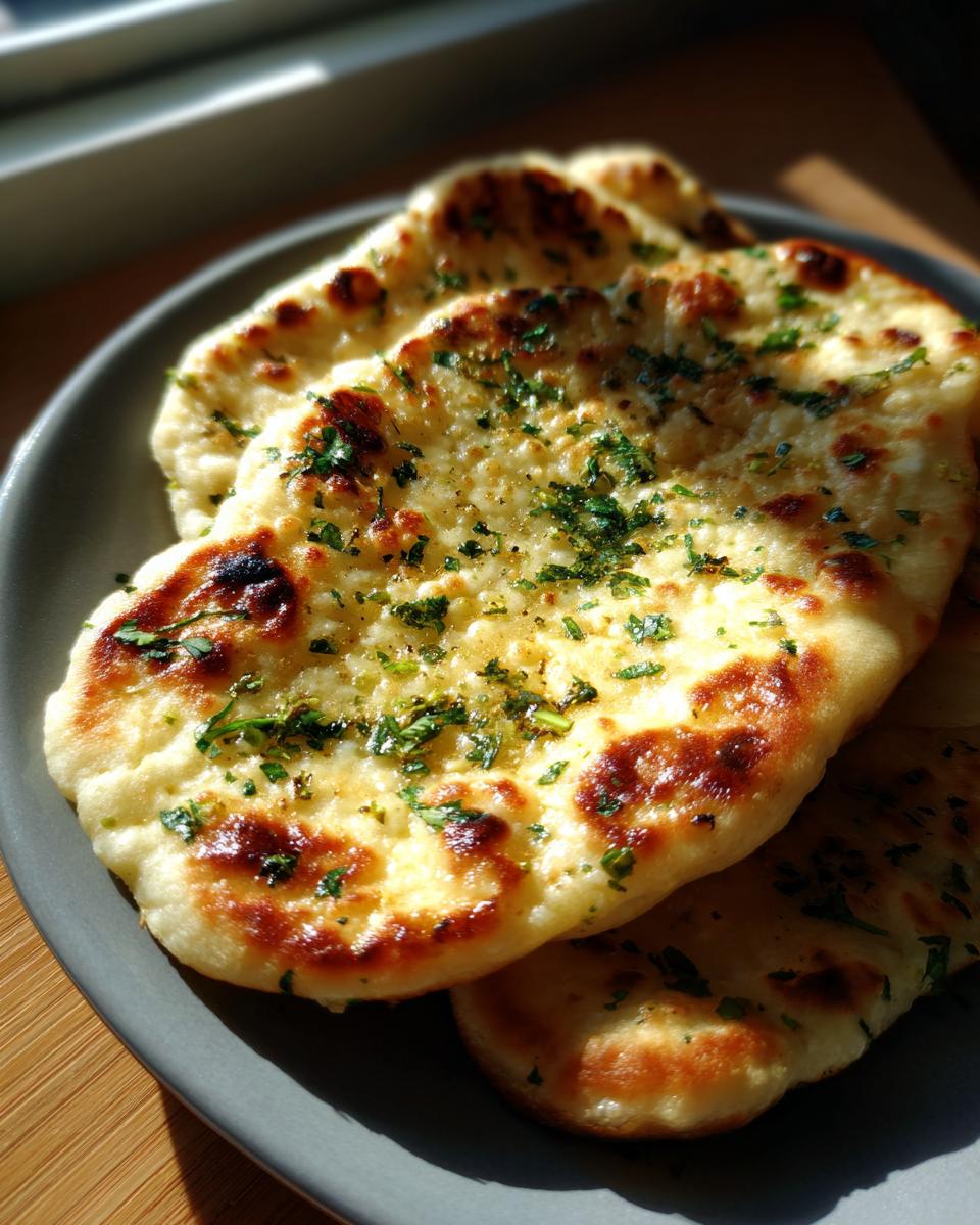 Close-up of freshly baked Garlic Cottage Cheese Naan, garnished with herbs, on a gray plate.