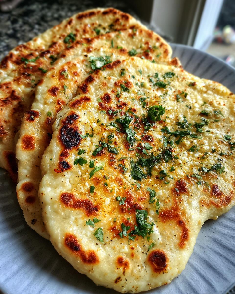 Three pieces of freshly baked Garlic Cottage Cheese Naan on a plate, sprinkled with herbs.