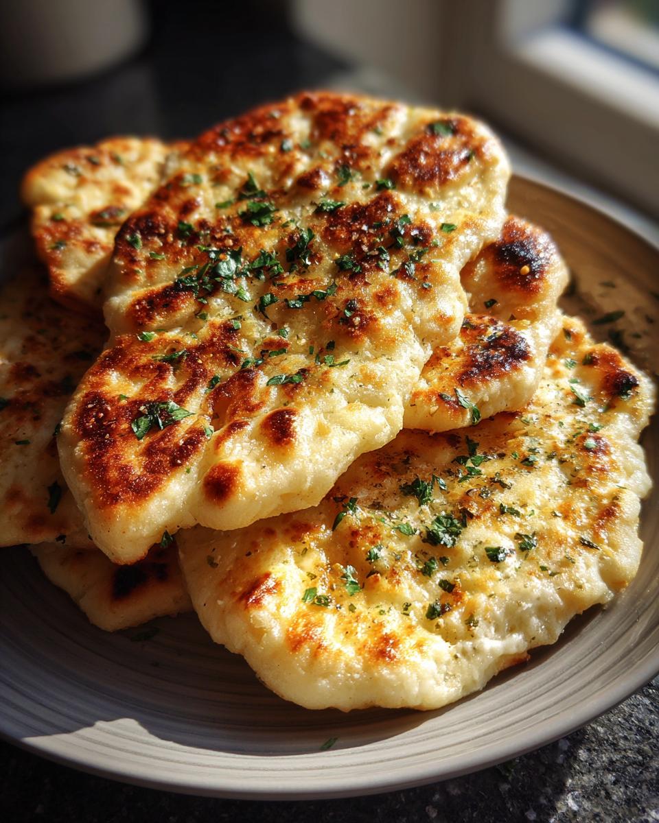 A stack of freshly baked Garlic Cottage Cheese Naan, topped with herbs, on a plate.
