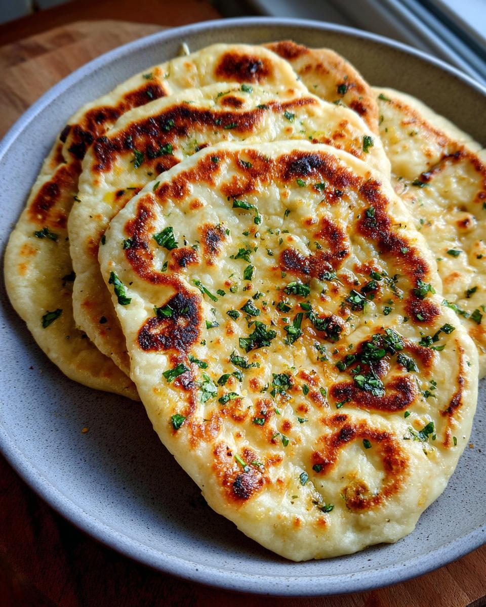 A stack of freshly baked Garlic Cottage Cheese Naan on a plate, garnished with herbs and browned to perfection.