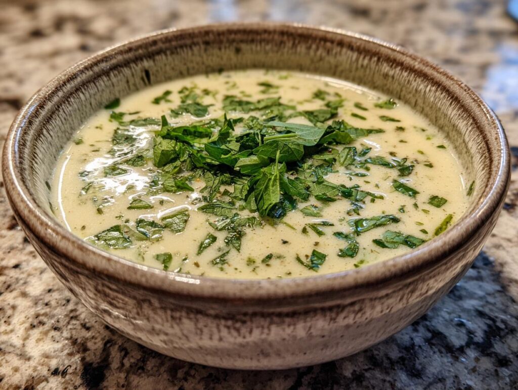 A bowl of creamy Garlic Herb Potato Soup, garnished with fresh herbs.