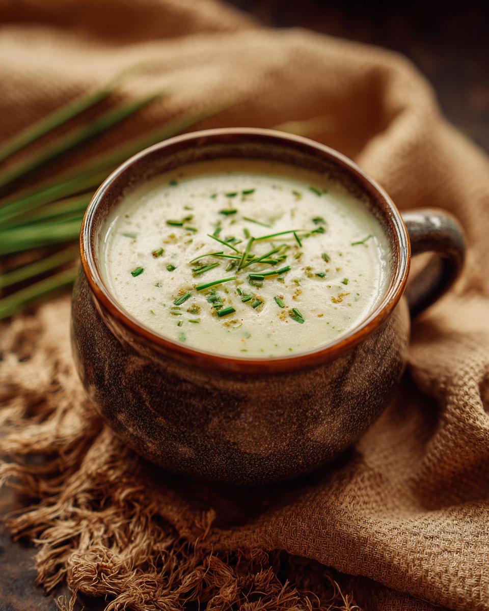 A bowl of creamy Garlic Herb Potato Soup, garnished with fresh herbs, sits on a textured cloth.