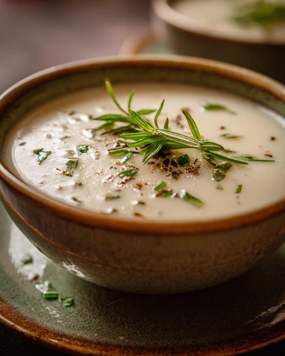 Bowl of creamy Garlic Herb Potato Soup garnished with fresh rosemary and herbs.