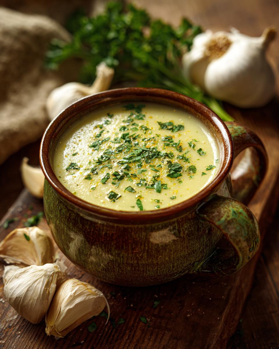 A bowl of creamy Garlic Herb Potato Soup garnished with fresh herbs, served on a wooden board with garlic cloves.