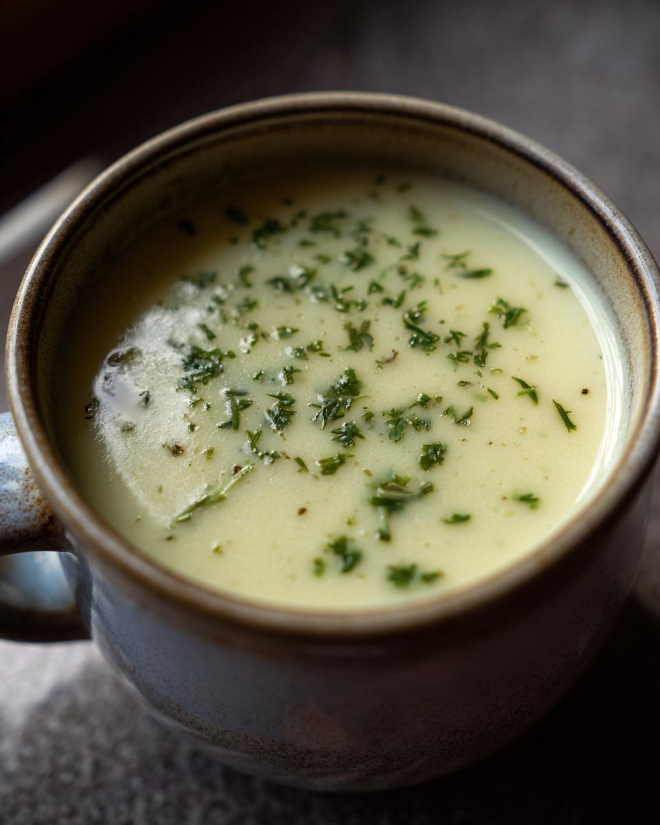 Close-up of creamy Garlic Herb Potato Soup in a mug, garnished with fresh herbs.