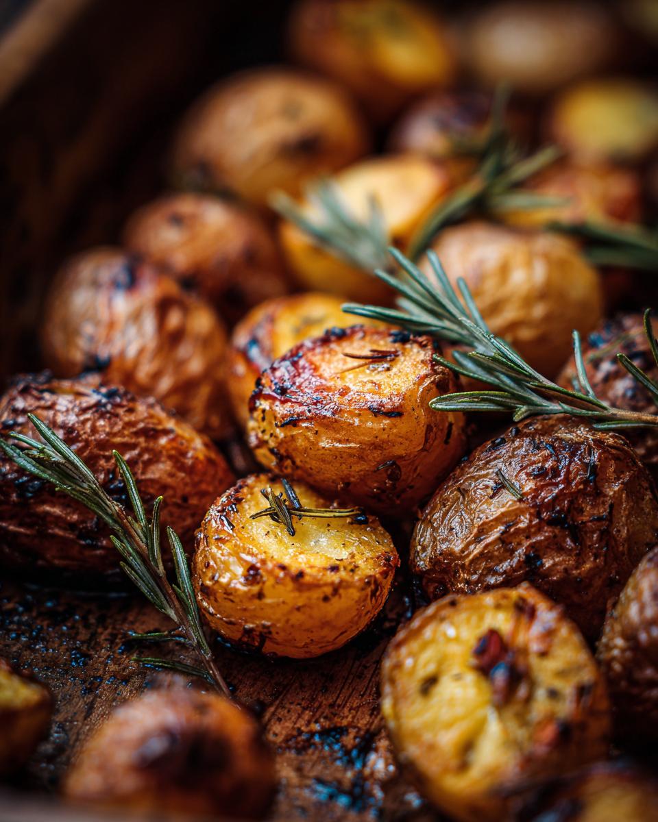 Close-up of Garlic Herb Roasted Potatoes with rosemary sprigs, showing crispy golden-brown skin.