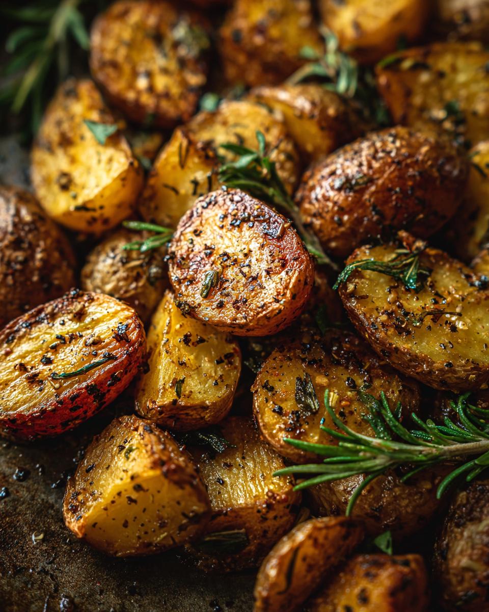 Close-up of Garlic Herb Roasted Potatoes with rosemary, showing golden-brown, crispy edges and soft insides.