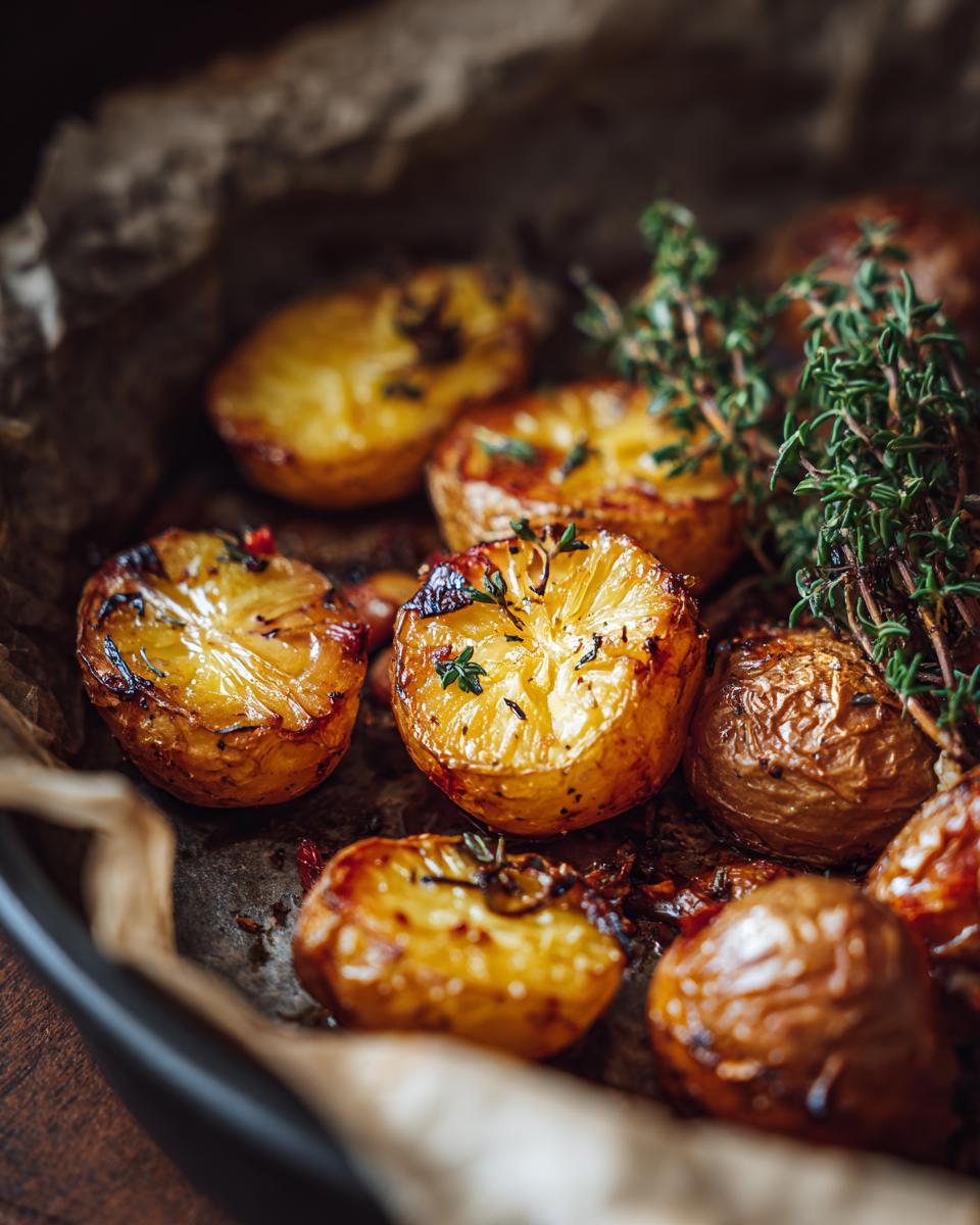 Close up of Garlic Herb Roasted Potatoes on a baking sheet with fresh thyme.