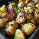 Close-up of Garlic Herb Roasted Potatoes on a baking sheet, garnished with rosemary and thyme.
