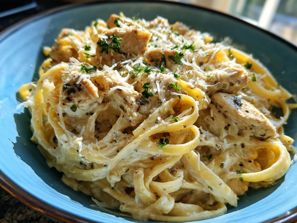 A serving of Garlic Parmesan Chicken Pasta in a blue bowl, garnished with parsley and parmesan.