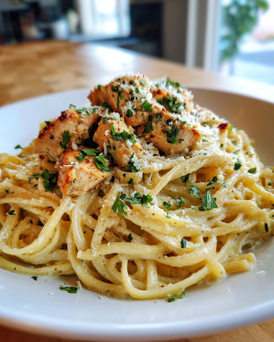 A delicious plate of Garlic Parmesan Chicken Pasta Recipe topped with grilled chicken, parmesan, and parsley.