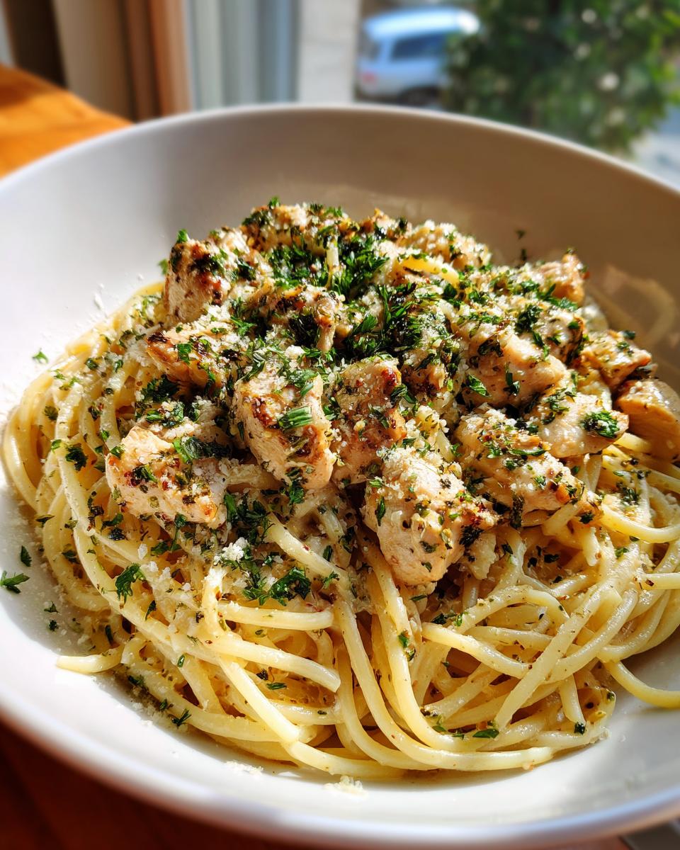 A delicious bowl of Garlic Parmesan Chicken Pasta, topped with fresh herbs and parmesan cheese.