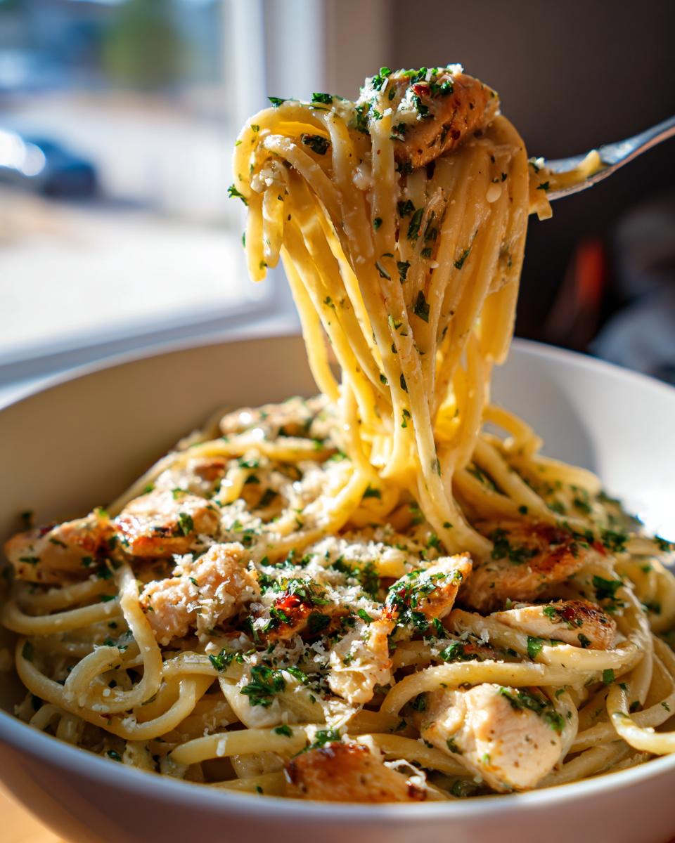 A fork lifts a portion of Garlic Parmesan Chicken Pasta, showcasing the creamy sauce, chicken, and parsley.
