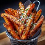 A basket overflowing with crispy Garlic Parmesan Sweet Potato fries, sprinkled with herbs and parmesan.