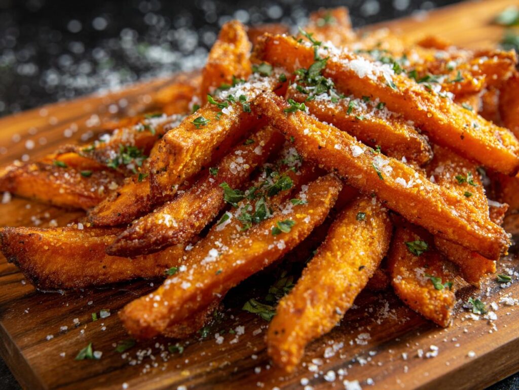 Close up of Garlic Parmesan Sweet Potato fries, seasoned with herbs and parmesan, served on a wooden board.