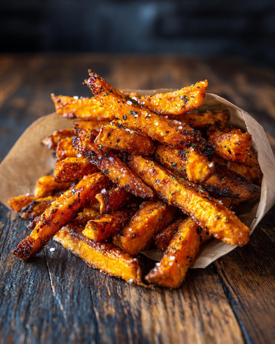 Close-up of Garlic Parmesan Sweet Potato fries spilling out of a brown paper bag on a wooden surface.