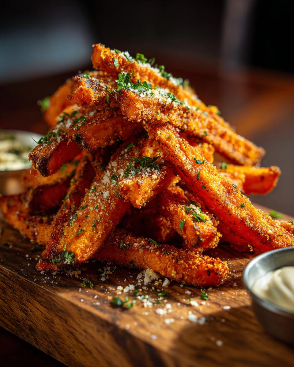 A pile of Garlic Parmesan Sweet Potato fries on a wooden board, garnished with herbs and served with dipping sauces.