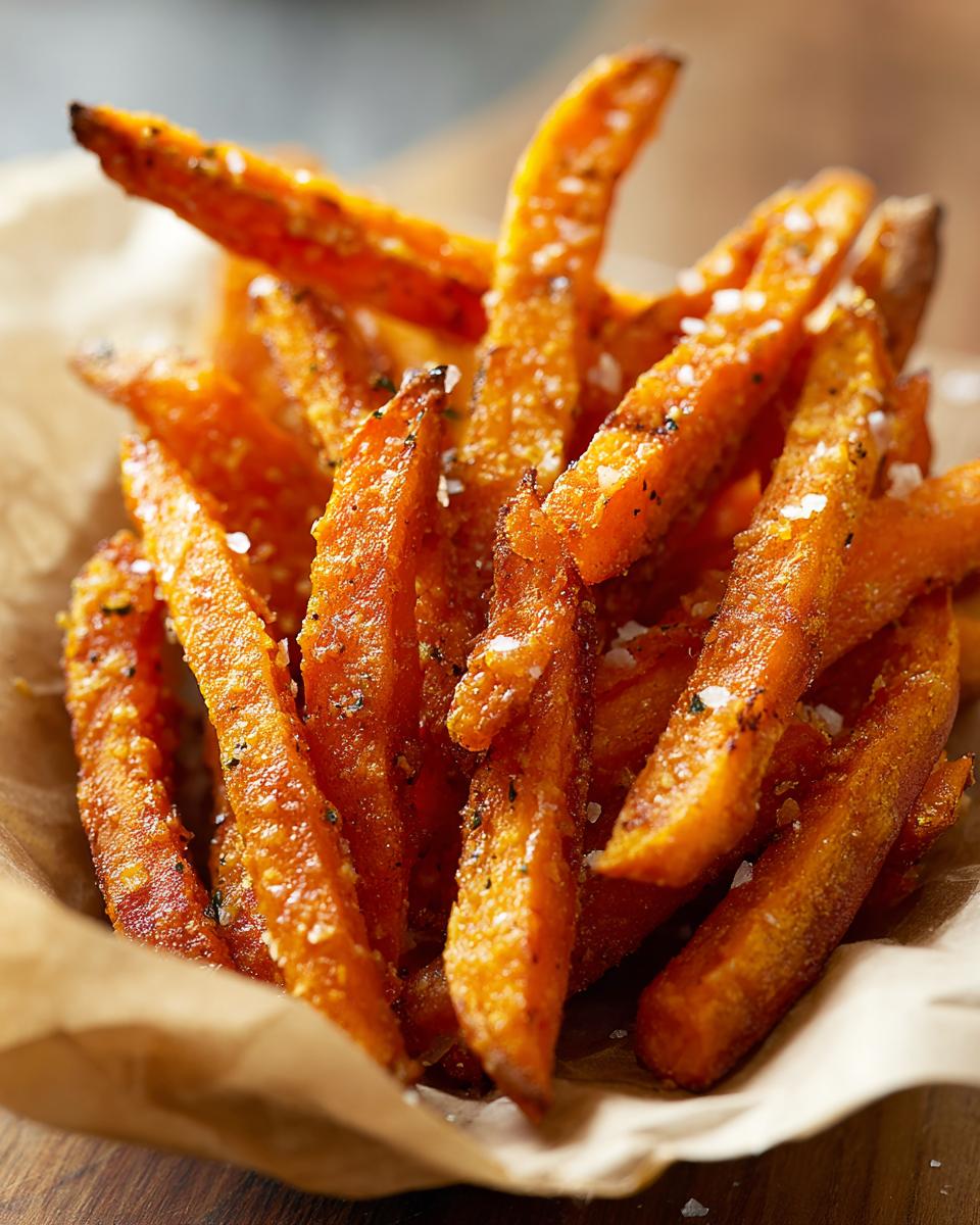 Close-up of Garlic Parmesan Sweet Potato fries, seasoned and served in a paper-lined basket.