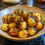 Delicious Garlic Sauce Baby Potatoes served in a bowl, garnished with fresh herbs.