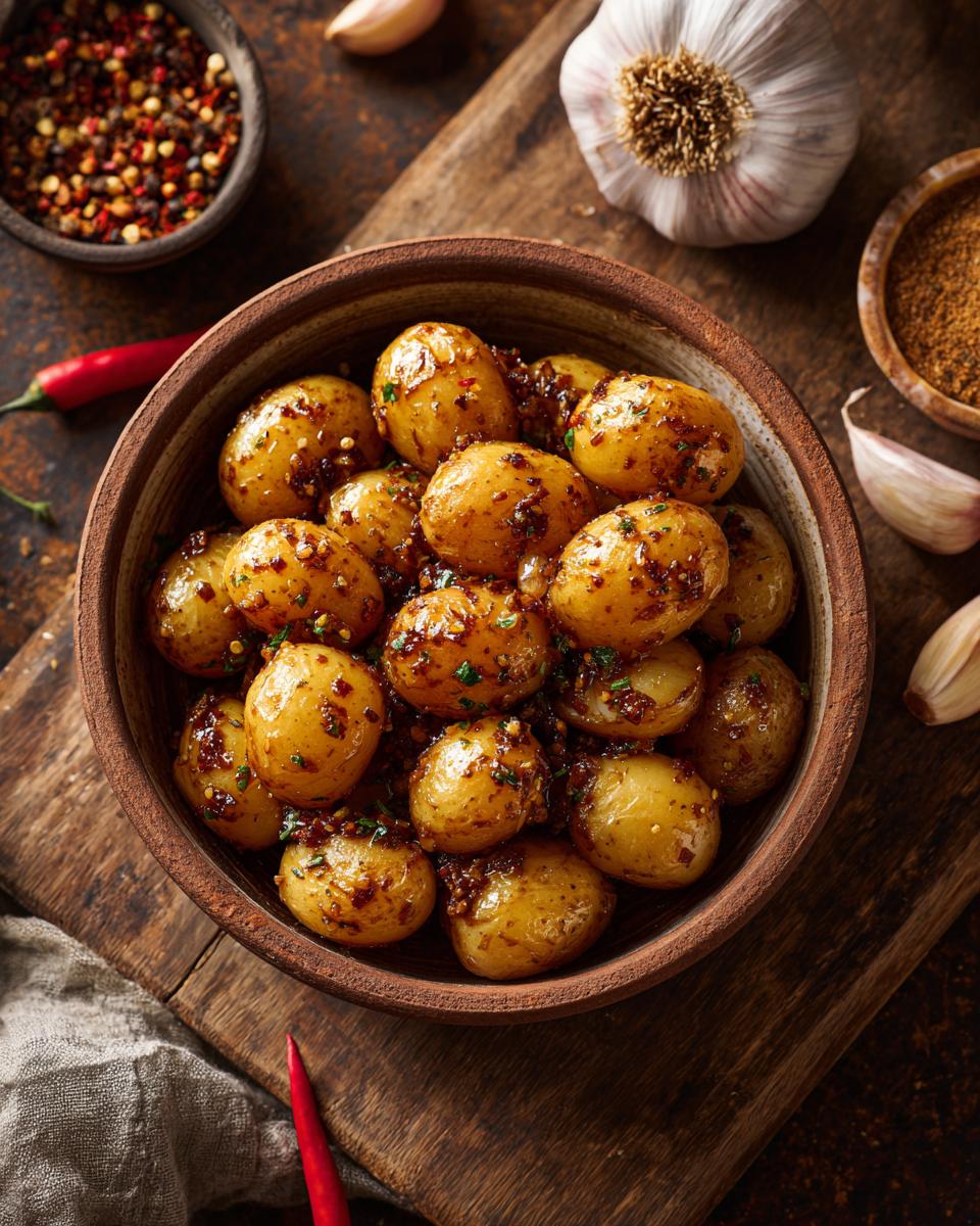 Overhead shot of a bowl filled with Garlic Sauce Baby Potatoes, garnished with herbs and spices.