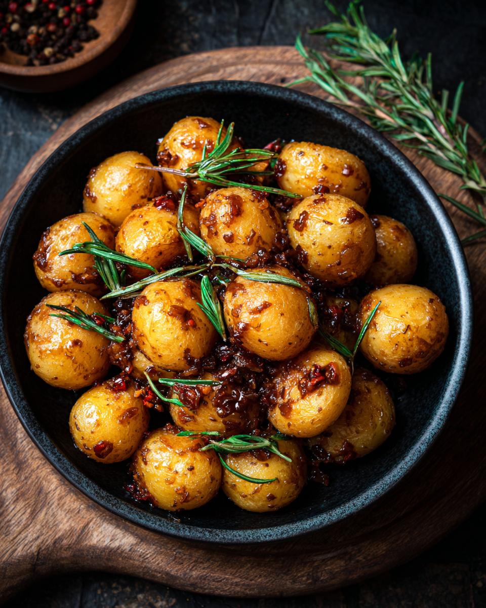 Bowl of Garlic Sauce Baby Potatoes garnished with rosemary, sitting on a wooden board.
