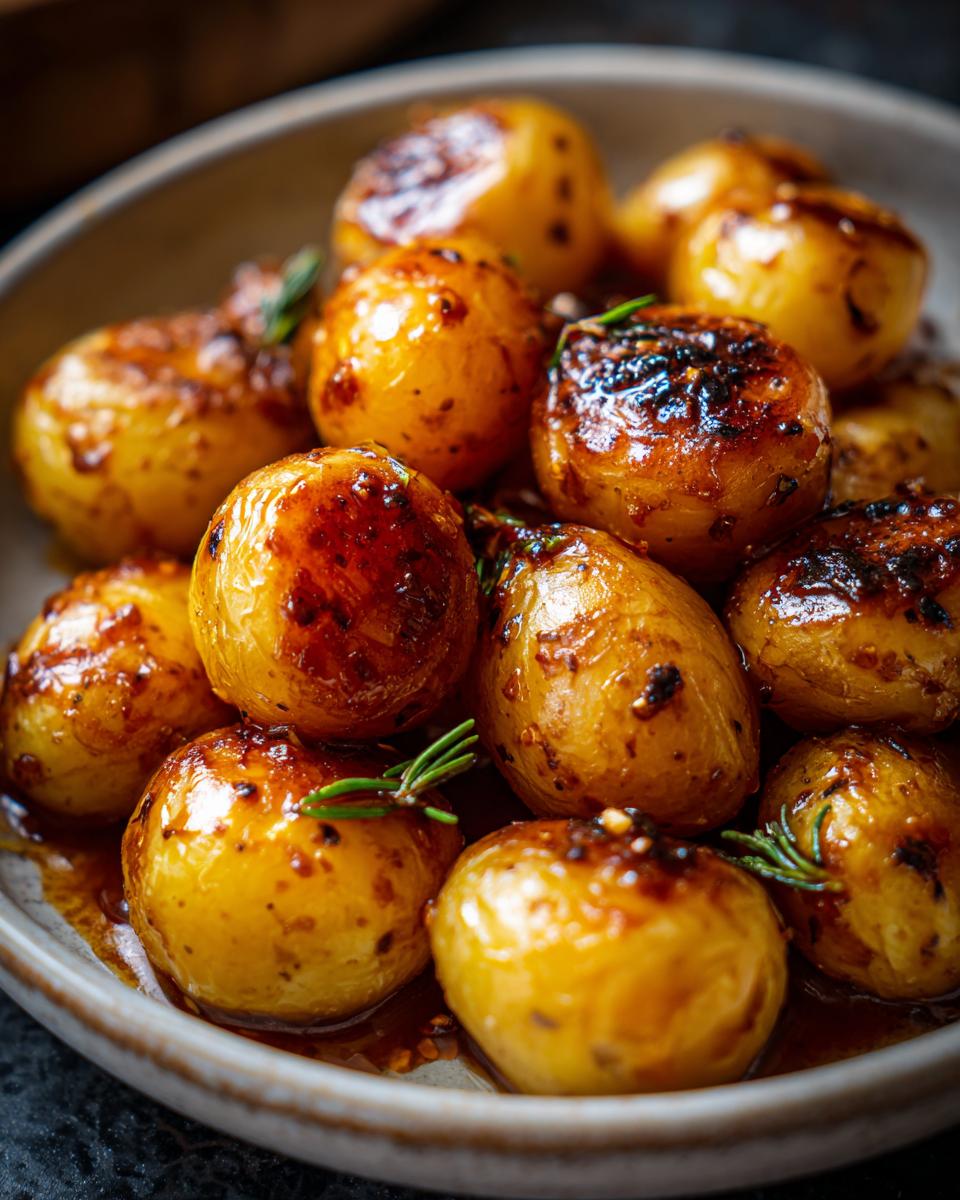 Close-up of Garlic Sauce Baby Potatoes in a bowl, garnished with rosemary.
