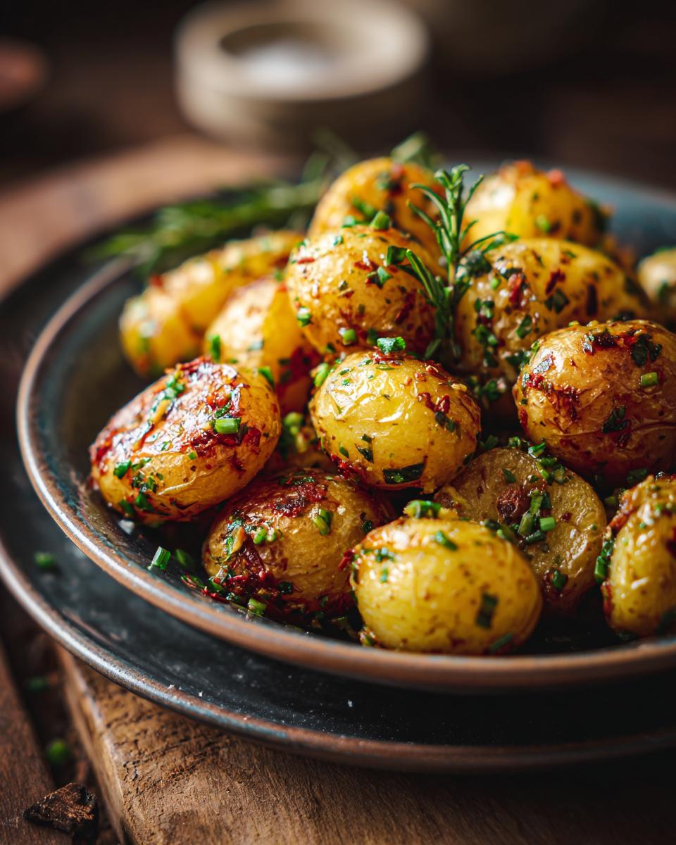 Close-up of Garlic Sauce Baby Potatoes in a dark bowl, garnished with herbs and spices.