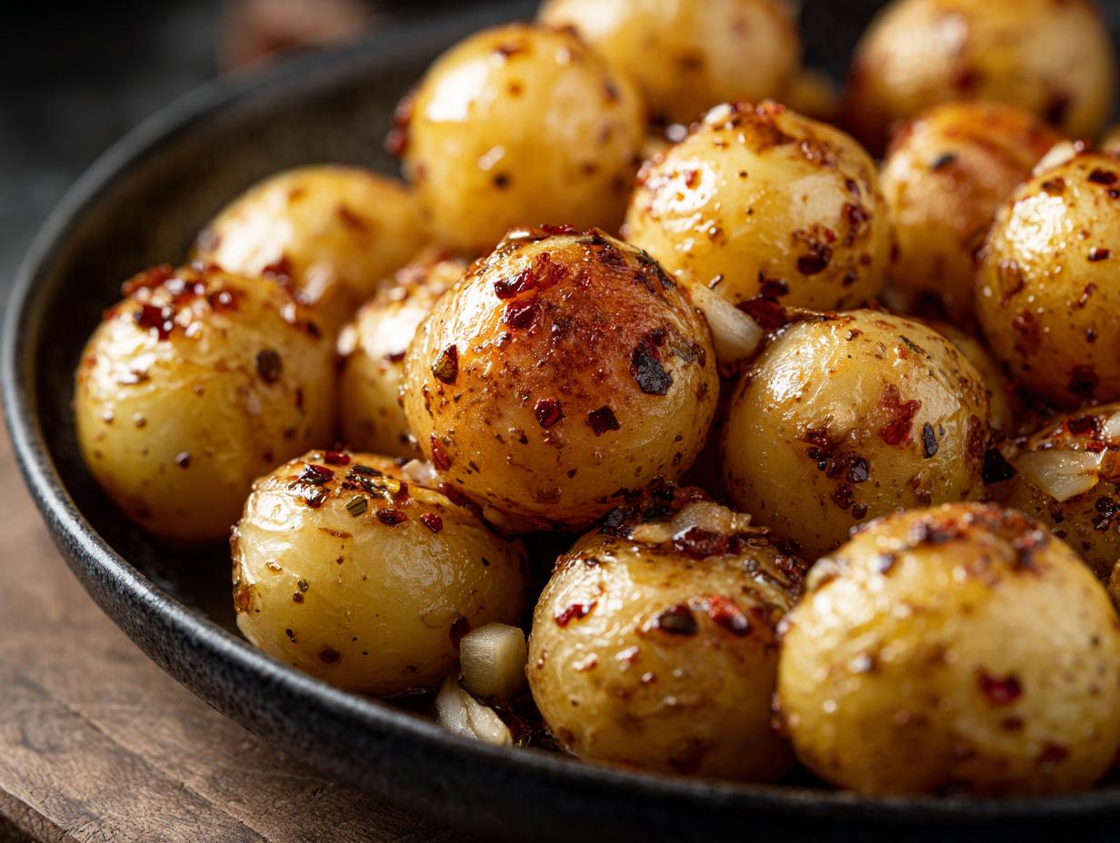 Close-up of Garlic Sauce Baby Potatoes served in a dark bowl, seasoned with herbs and spices.