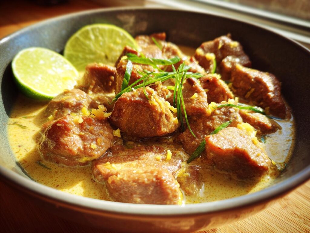 A bowl of Ginger Lime Pork with Coconut, garnished with lime wedges and herbs.