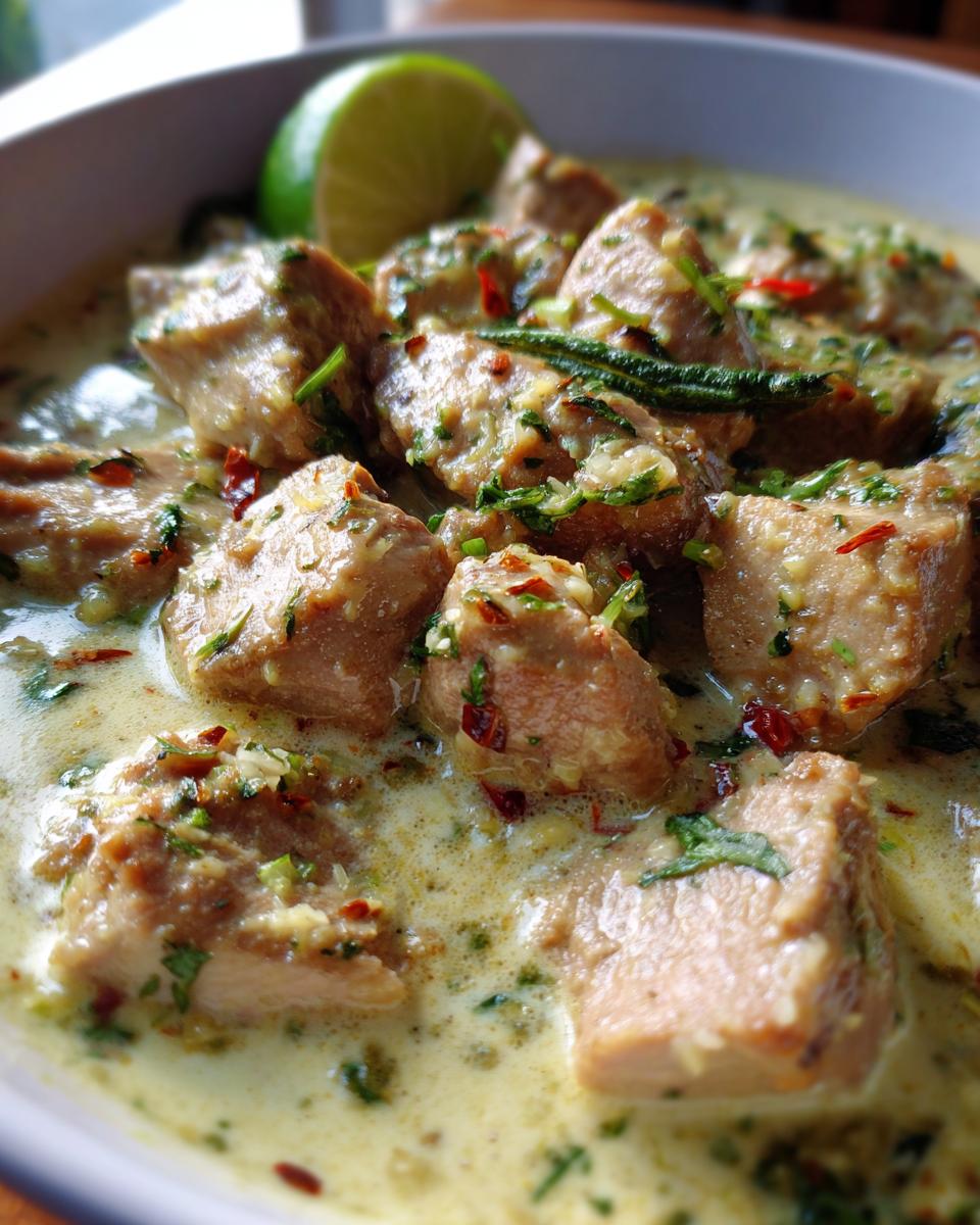 Close-up of Ginger Lime Pork with Coconut in a bowl, garnished with lime and herbs.