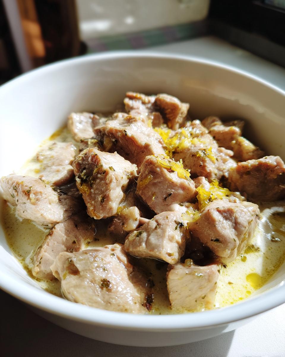 Bowl of Ginger Lime Pork with Coconut, featuring tender pork pieces and a creamy coconut sauce.