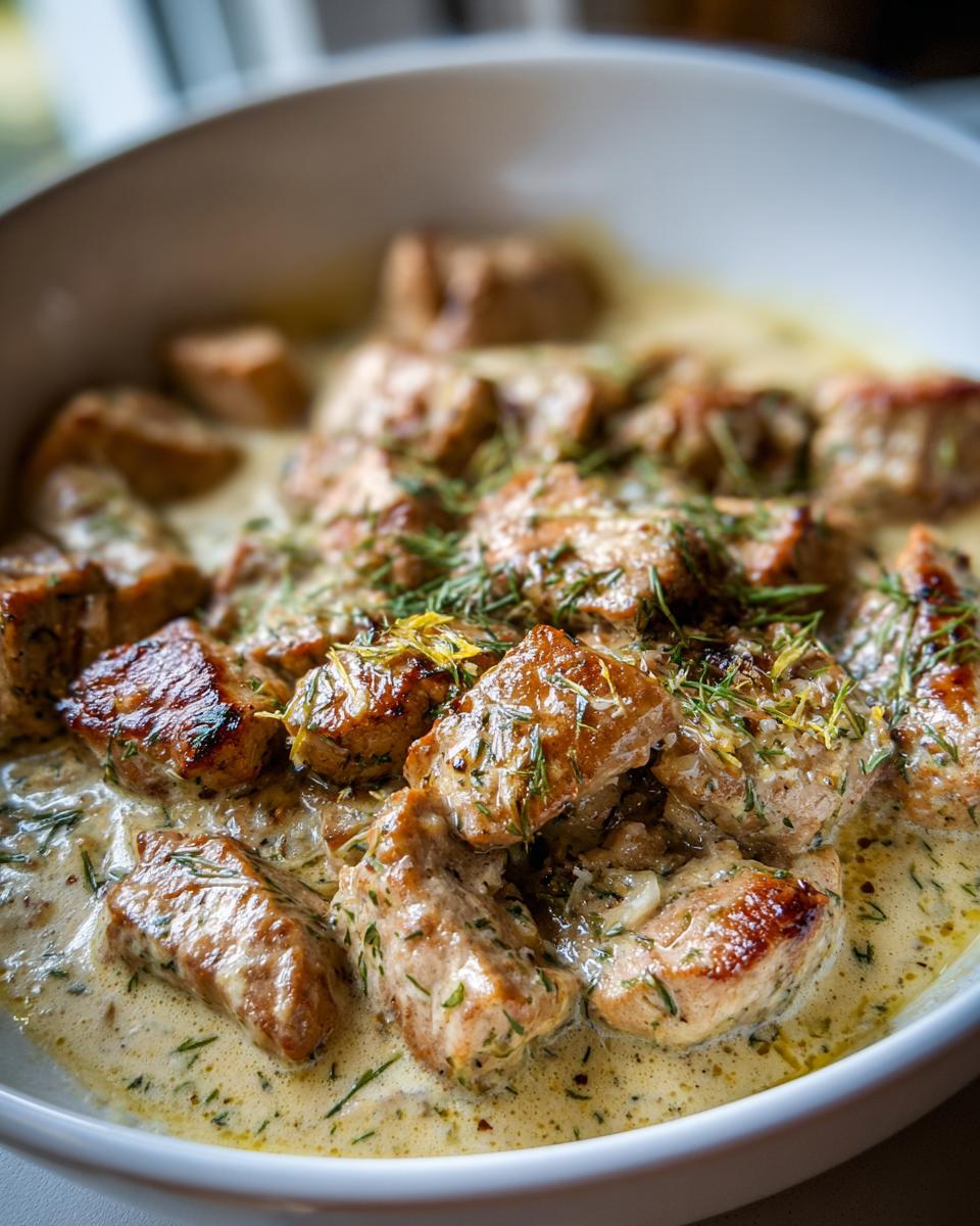 Close-up of Ginger Lime Pork with Coconut in a creamy sauce, garnished with fresh herbs.