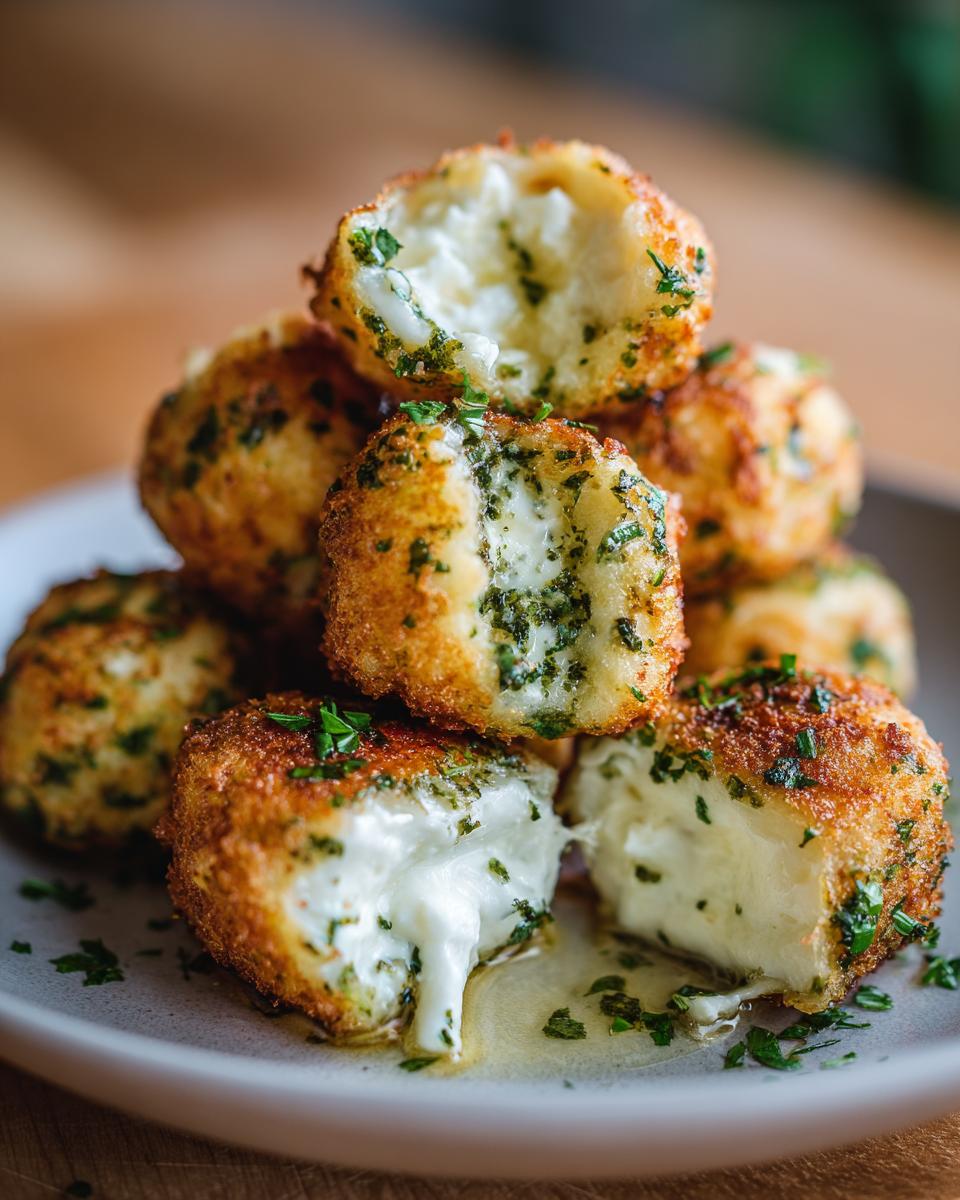 A stack of golden fried Goat Cheese & Honey Bites, some cut open to show the creamy filling and honey drizzle.