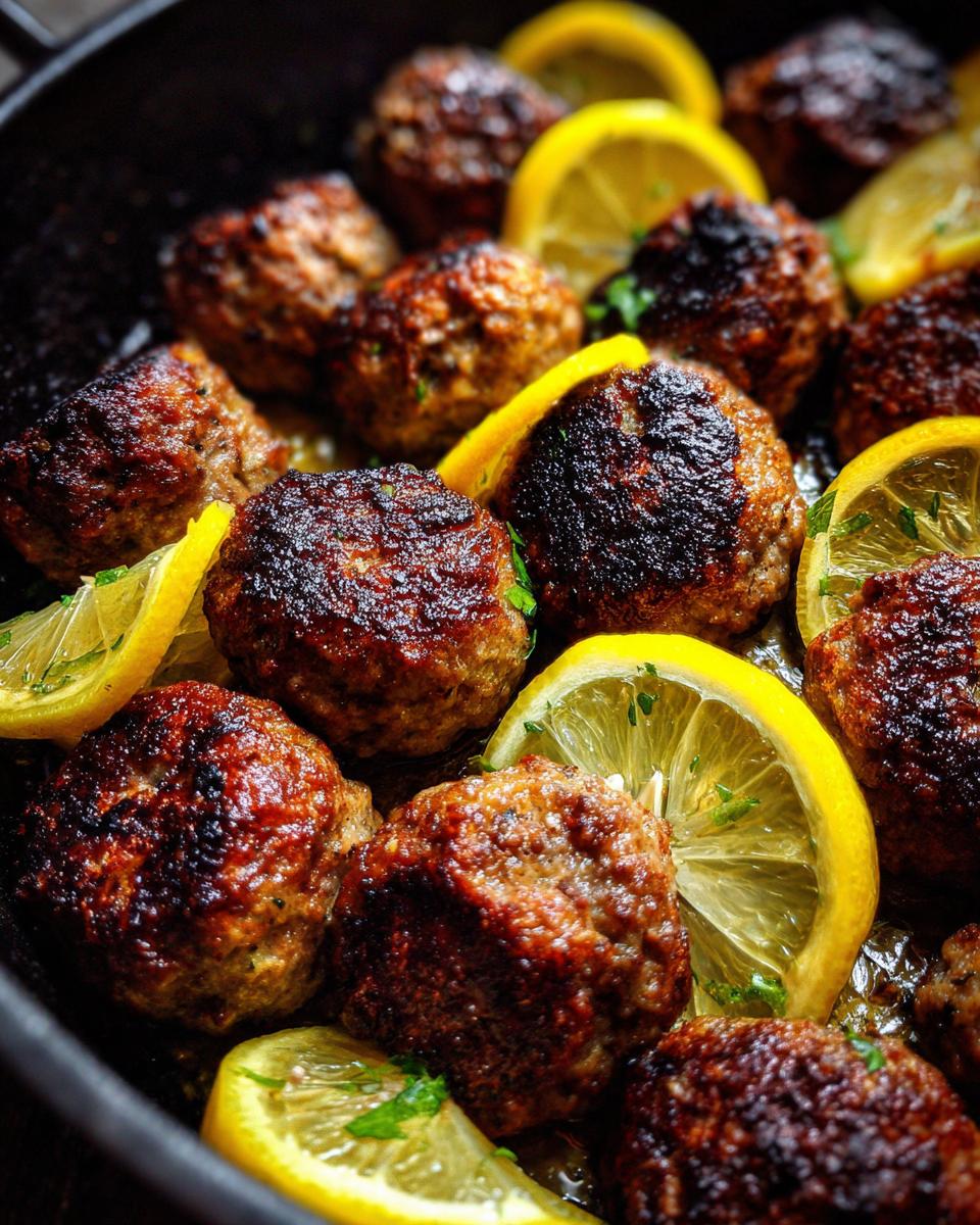Close-up of Greek Chicken Meatballs with Lemon slices, showing browned meatballs and fresh herbs.