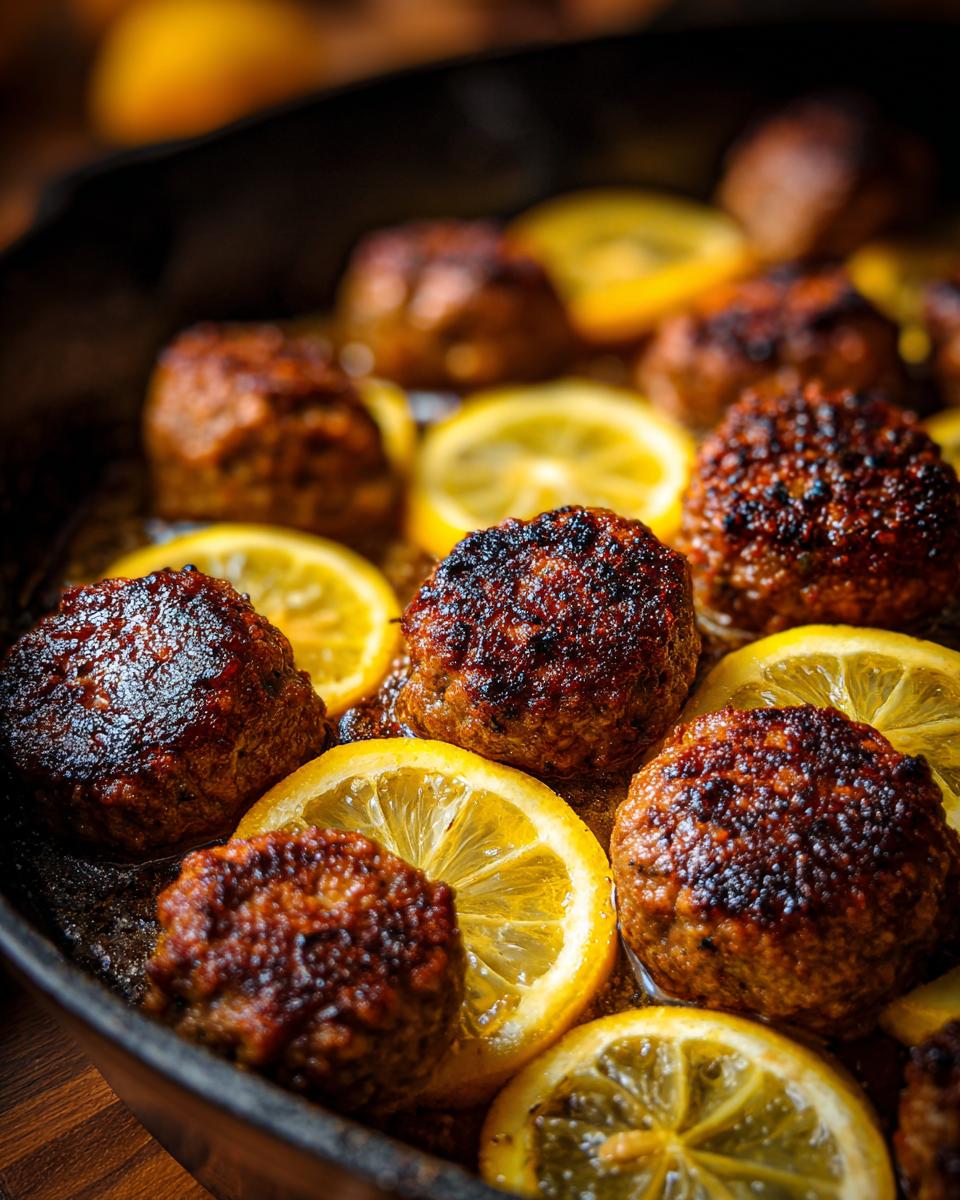 Close-up of Greek Chicken Meatballs with Lemon slices in a cast iron pan, ready to serve.
