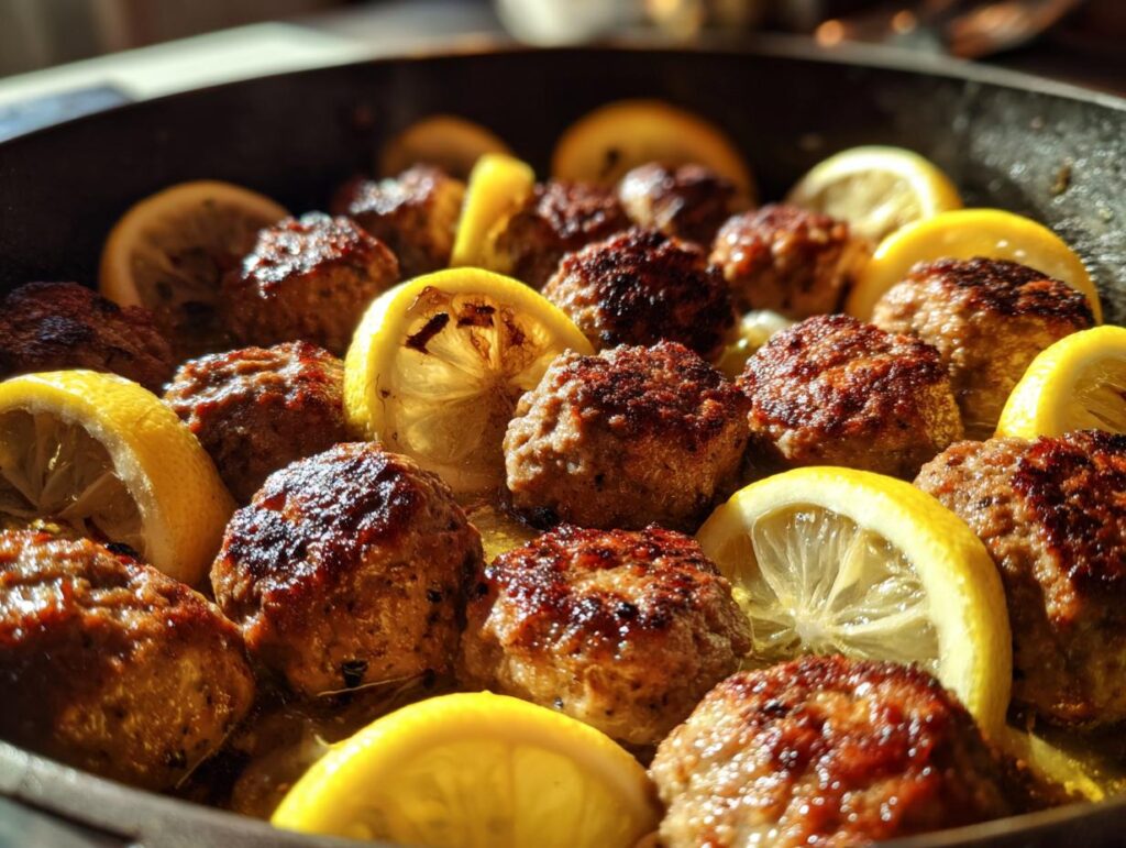 Close-up of Greek Chicken Meatballs with Lemon slices, cooked in a pan until golden brown.