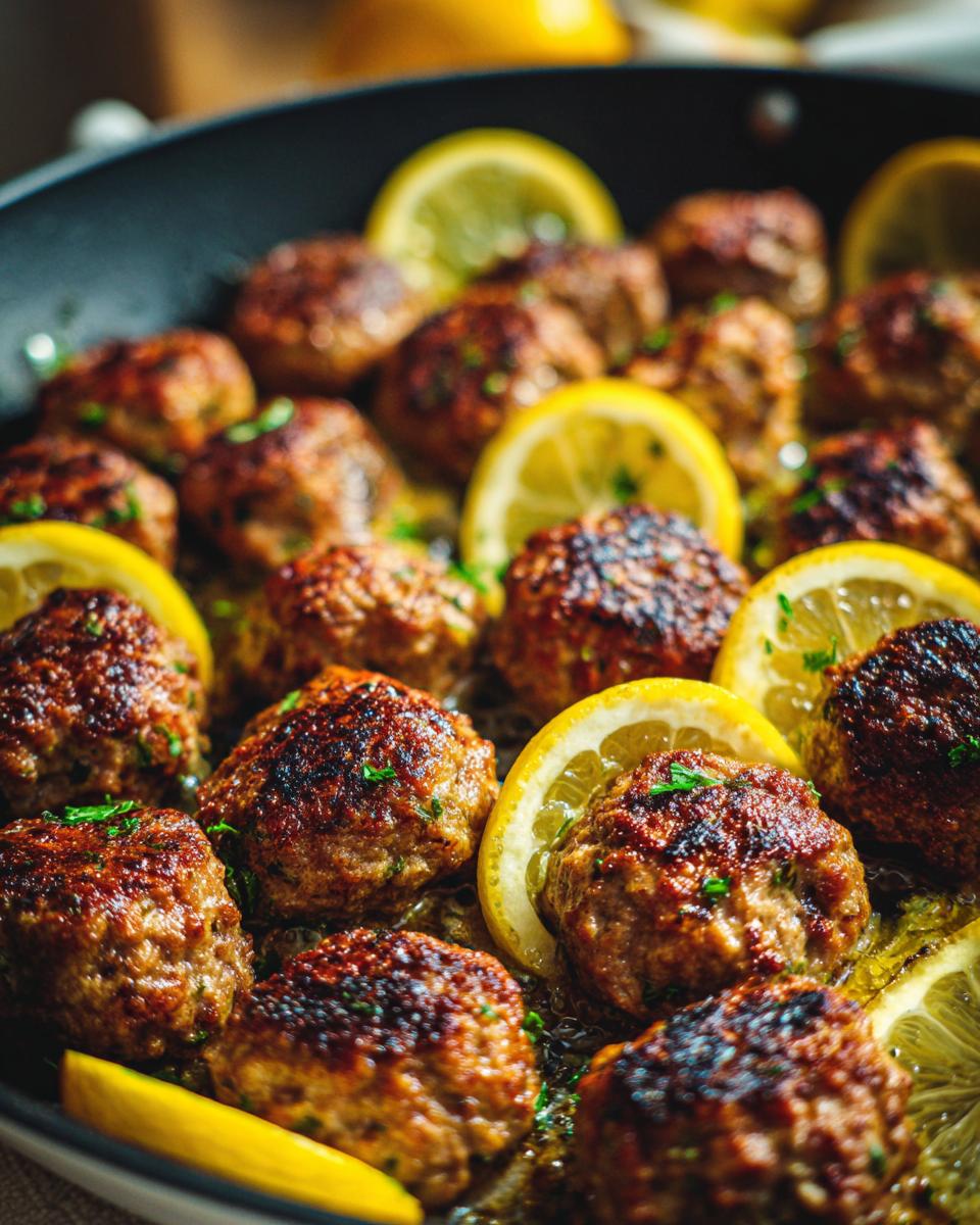 Close-up of Greek Chicken Meatballs with Lemon slices in a skillet, garnished with herbs.