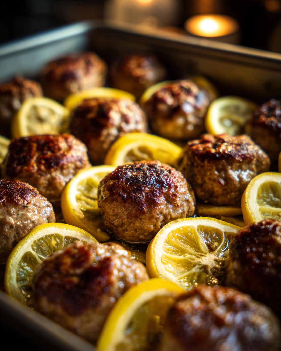 Close-up of Greek Chicken Meatballs with Lemon slices on a baking sheet.