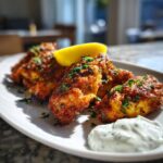 A plate of golden Greek Chicken Tenders garnished with parsley and a lemon wedge, served with a creamy dipping sauce.