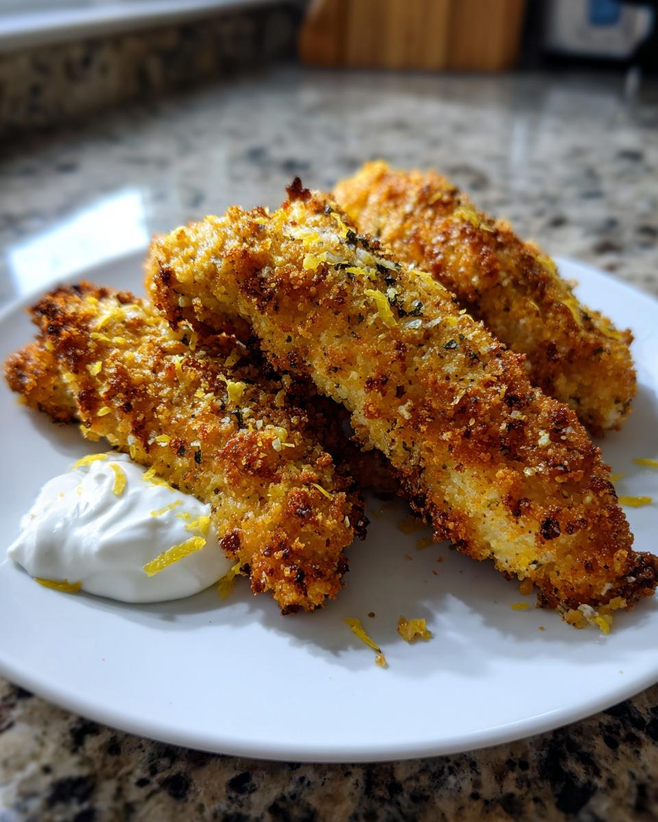 Three golden-brown Greek Chicken Tenders on a white plate with a side of creamy dipping sauce.